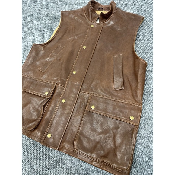 Vtg Orvis Men's Large Brown 100% Leather Munitions Hunting Vest Lined -Excellent - Picture 3 of 11